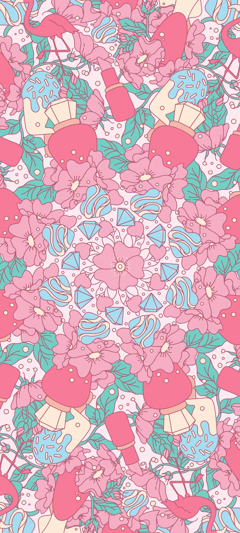 Pink flamingos, lipstick, and ice cream float through an all-pink composition.