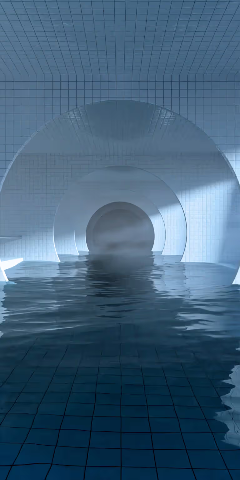 A journey through an endless blue pool illuminated by light.