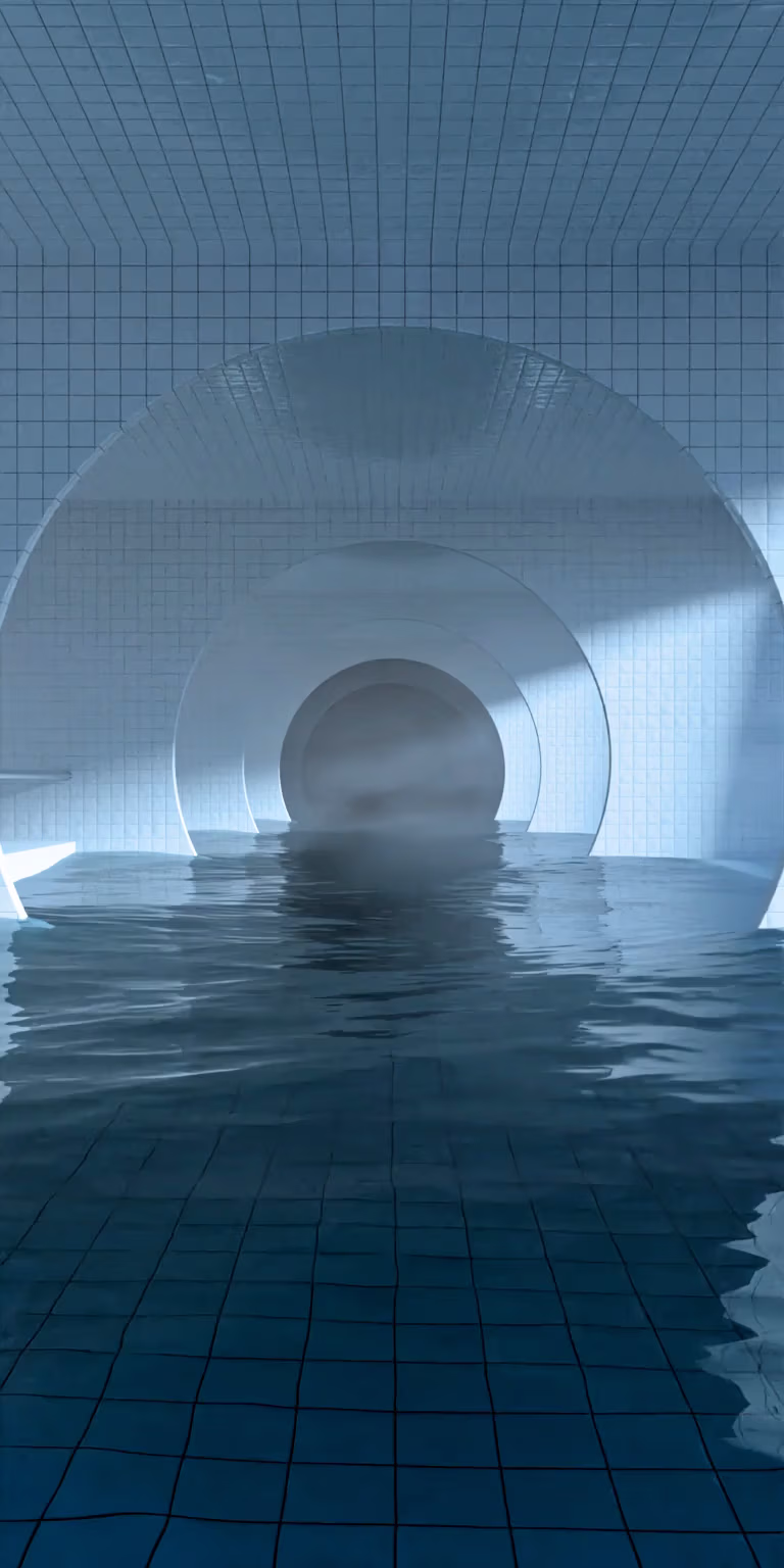 A journey through an endless blue pool illuminated by light.