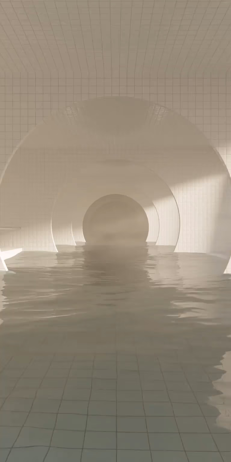 A journey through an endless pool illuminated by light.