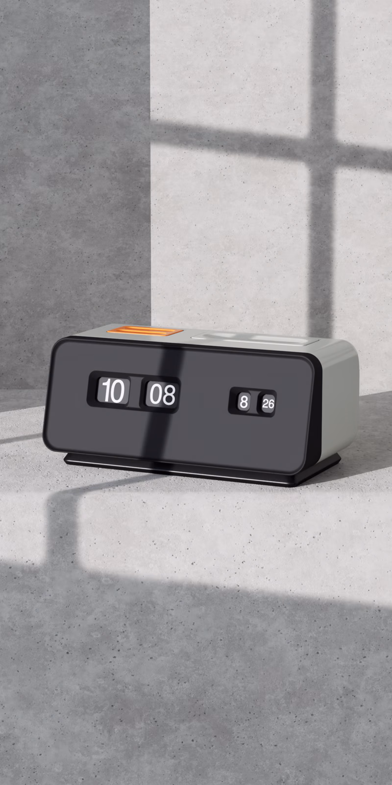 A retro flip clock displays the time on a concrete pedestal.