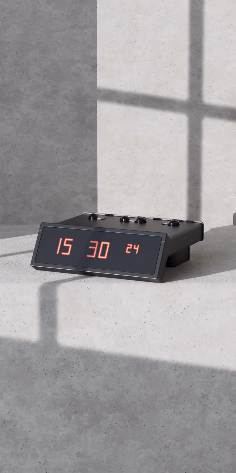 A red LED clock glows on a concrete pedestal.