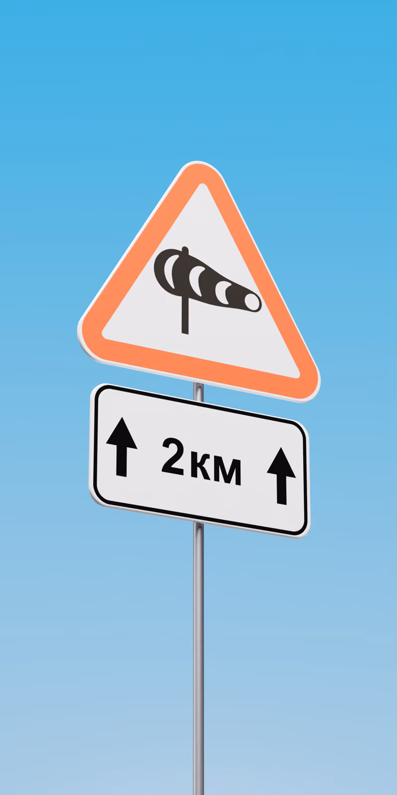 A three-dimensional roadworks flag sign stands against a blue background.