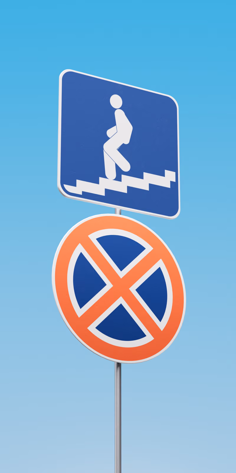 A 3D pedestrian sign points downward and shifts in motion.