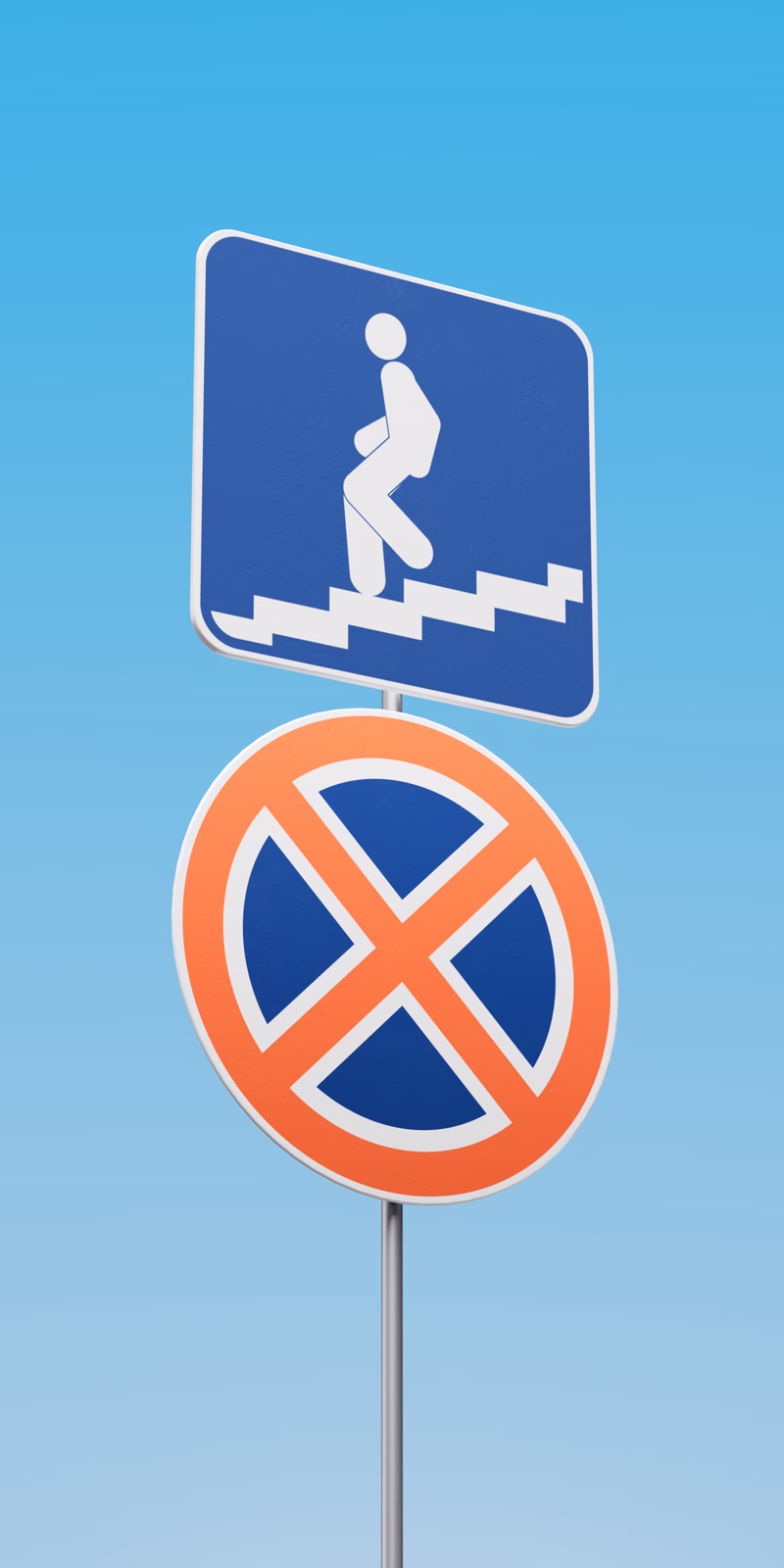 A 3D pedestrian sign points downward and shifts in motion.