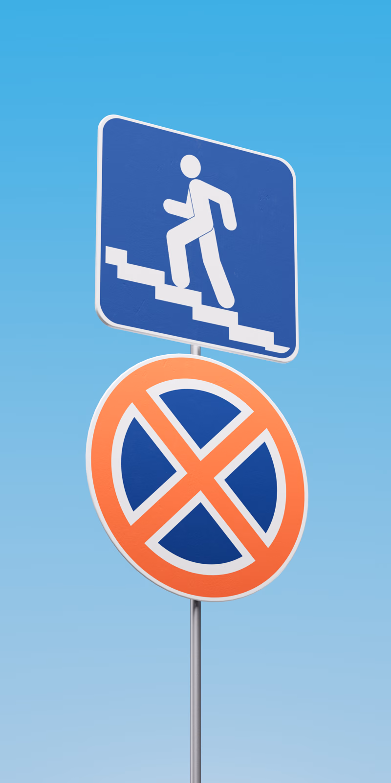 A 3D pedestrian sign points upward and shifts in motion.