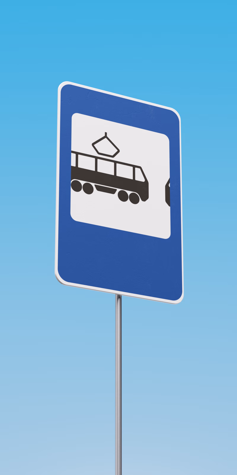 A three-dimensional tram stop sign stands against a blue background.