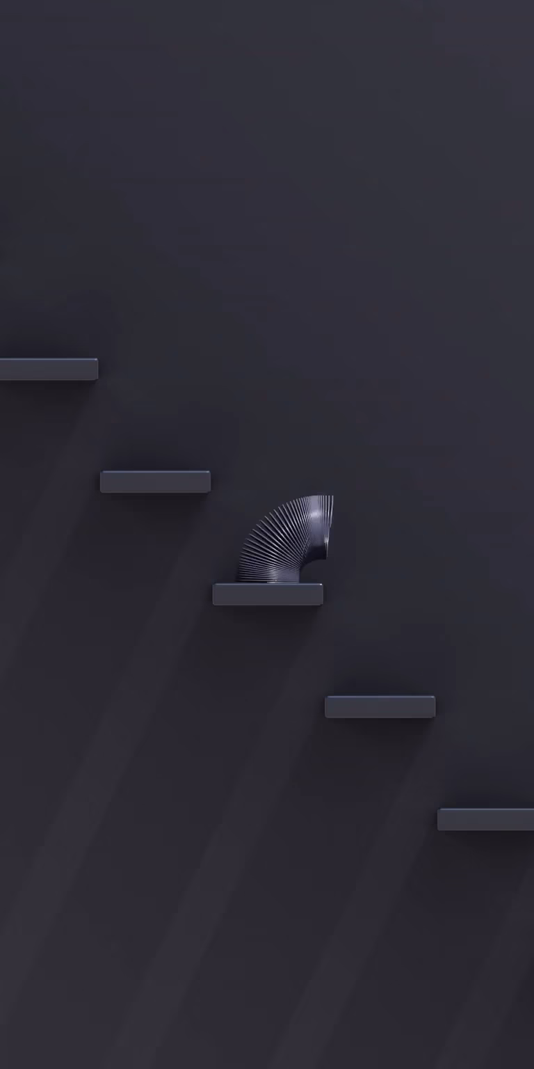 Black slinkies walk down the stairs in side view.