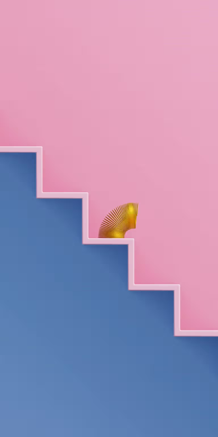 Colorful slinkies walk down the stairs in side view.