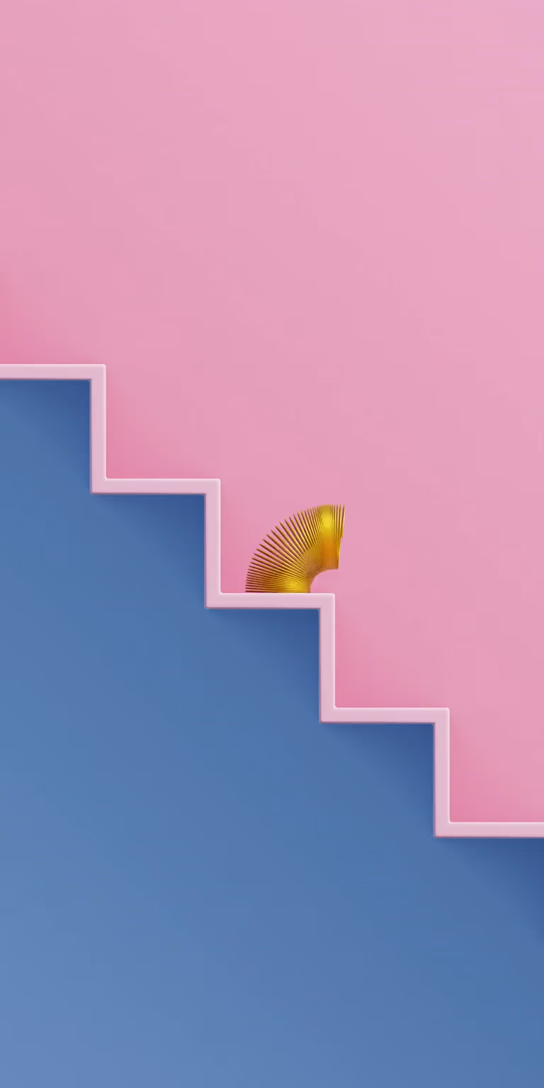 Colorful slinkies walk down the stairs in side view.