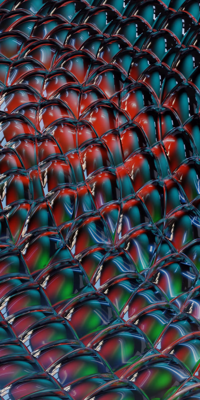 Fluid waves reflect colored light like liquid metal.