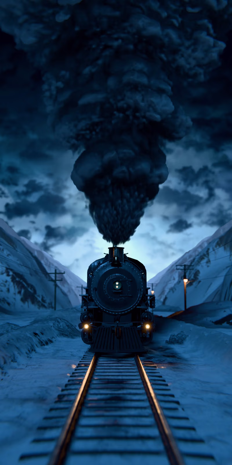 Smoke billows from a moving steam train.