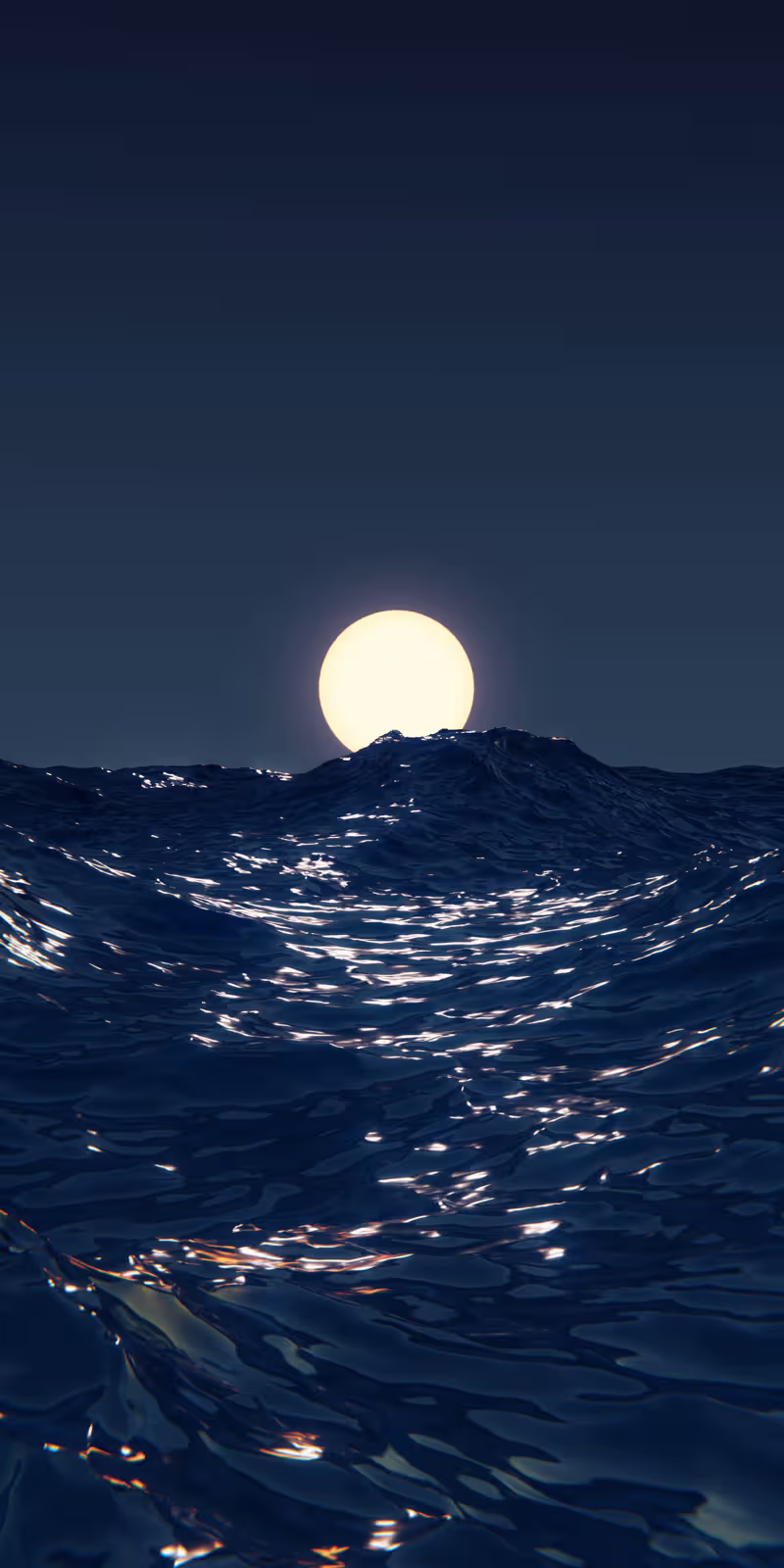 The moon is reflected in the rough night sea.