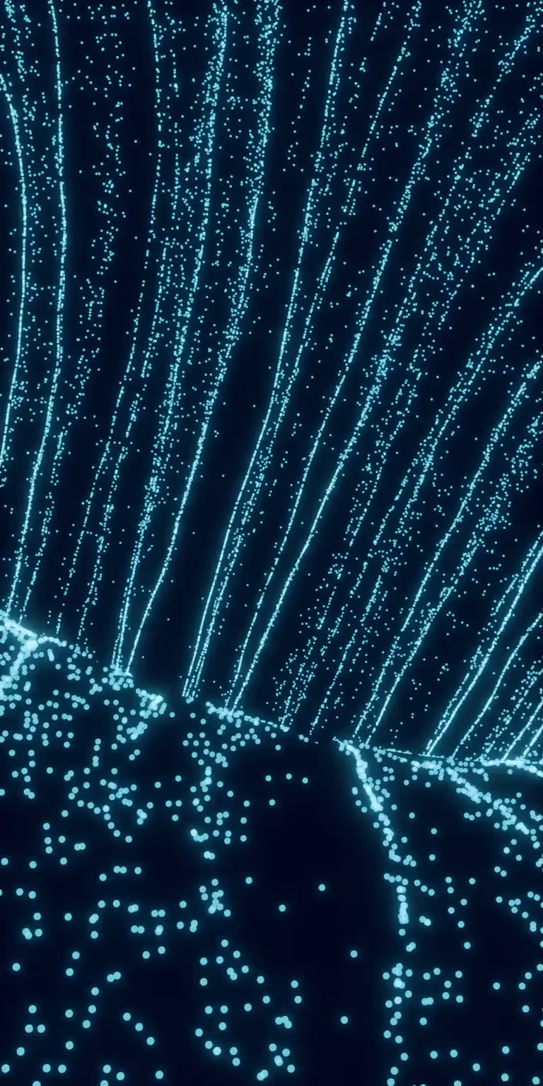 A digital waterfall flows in streams of glowing dots.